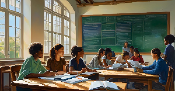 A group of diverse students working together at a table, with colorful textbooks and laptops, and a chalkboard with international flags in the background.