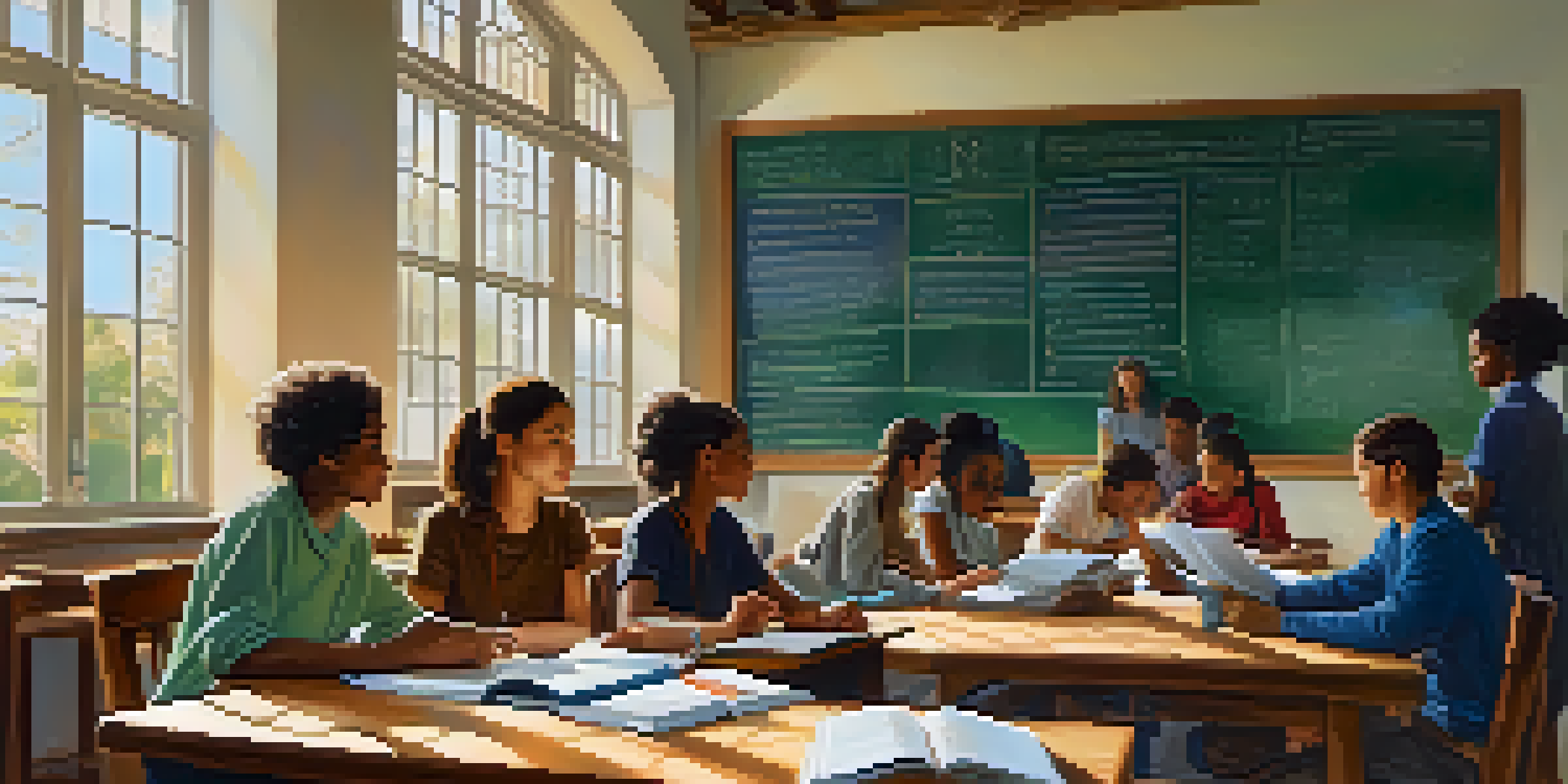 A group of diverse students working together at a table, with colorful textbooks and laptops, and a chalkboard with international flags in the background.