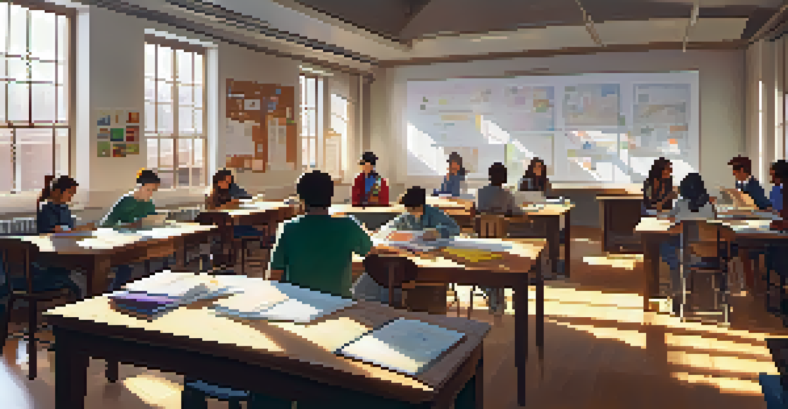 Students collaborating in a classroom, working on a project with various materials and sunlight streaming through the windows.