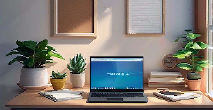 A bright and inviting workspace with a laptop, books, and a potted plant, illuminated by warm morning light.