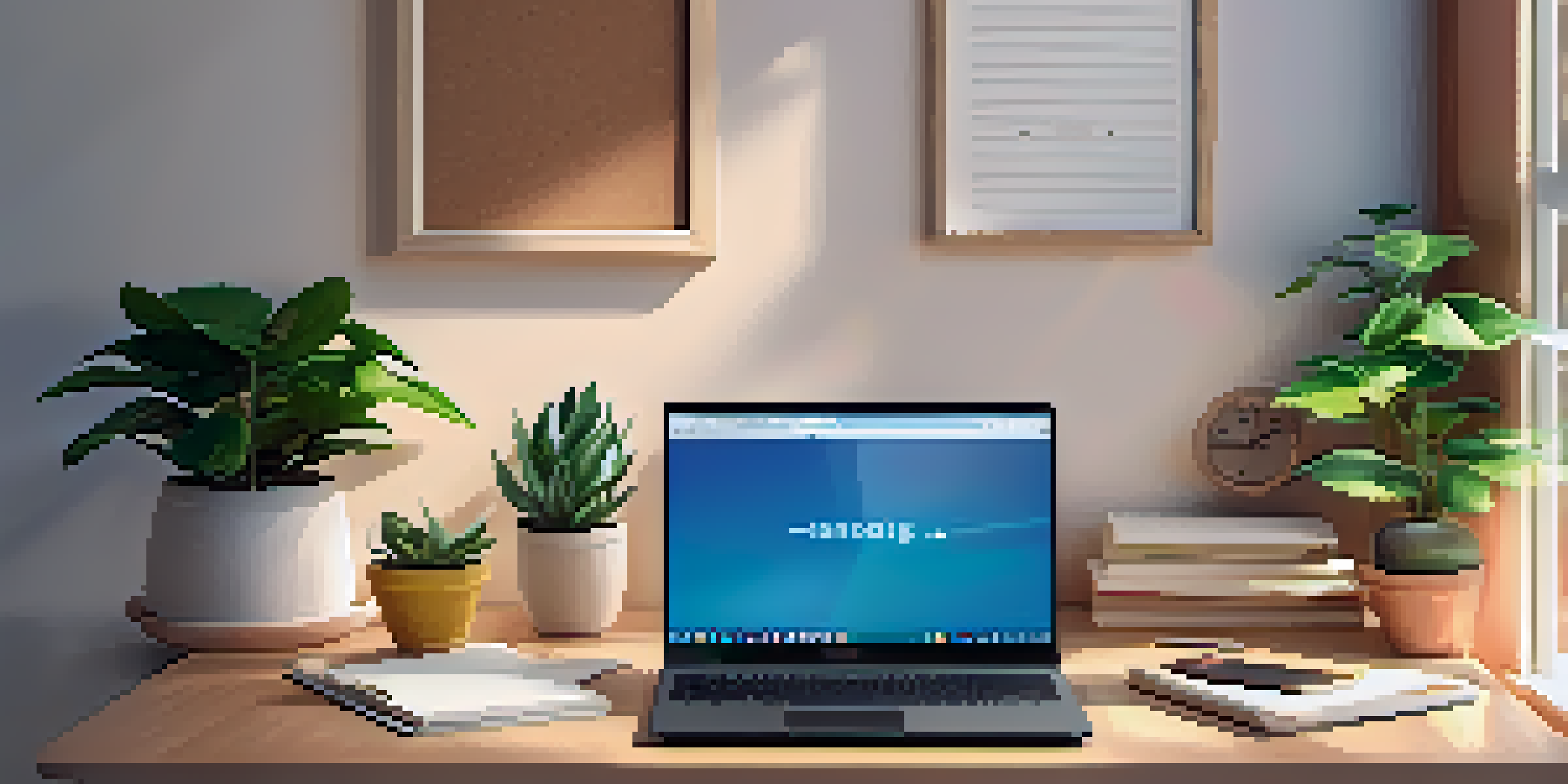 A bright and inviting workspace with a laptop, books, and a potted plant, illuminated by warm morning light.