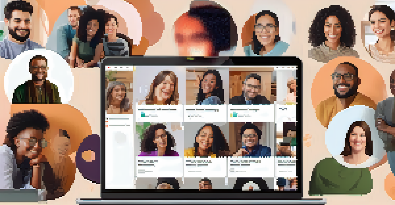 An online support group session on a laptop screen with smiling faces of participants from various backgrounds in a cozy home office.