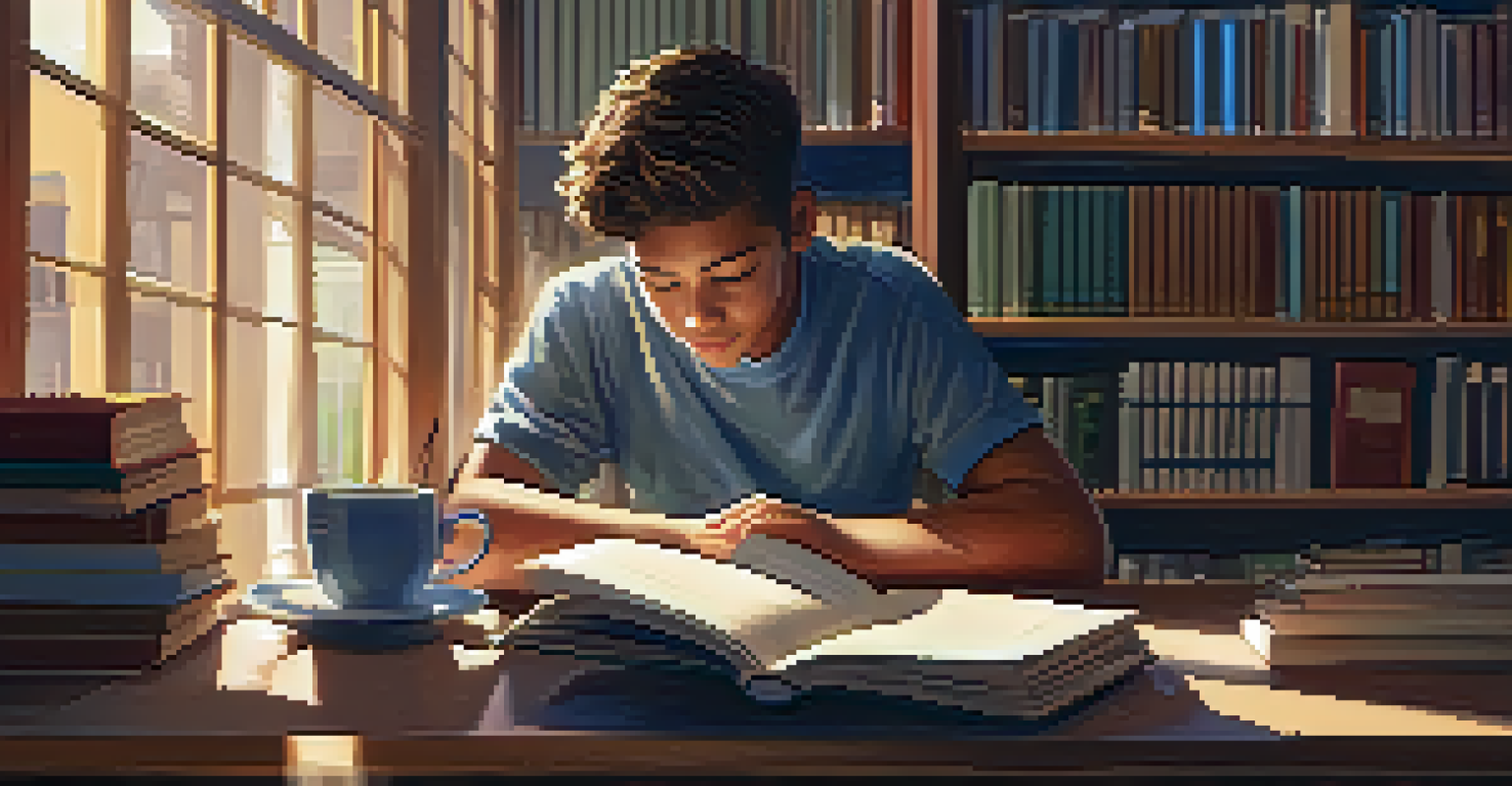 A student writing in a notebook in a library, surrounded by books and a laptop, reflecting on their service learning experience.