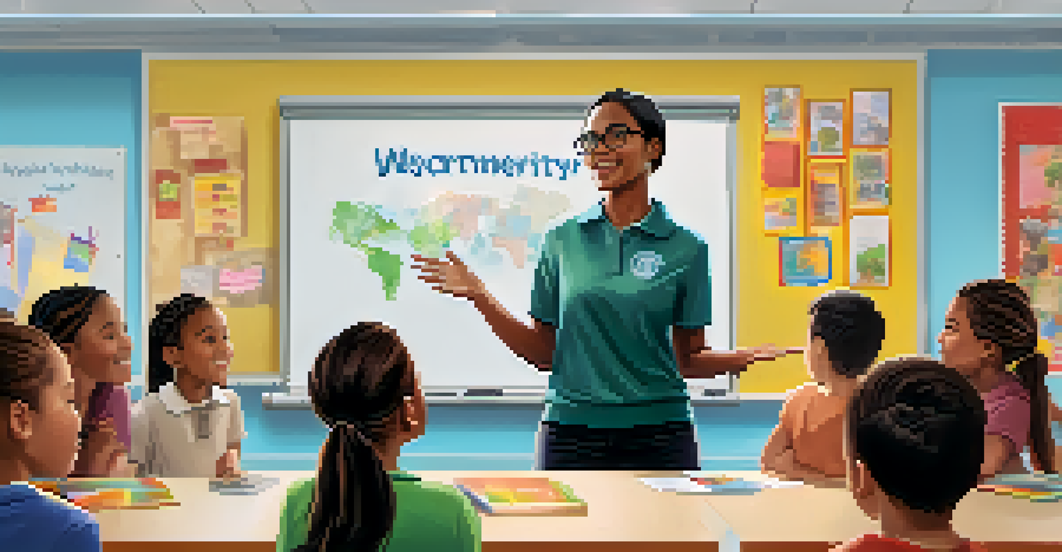 A teacher passionately engaging with students from diverse backgrounds in a classroom decorated with inclusivity posters.