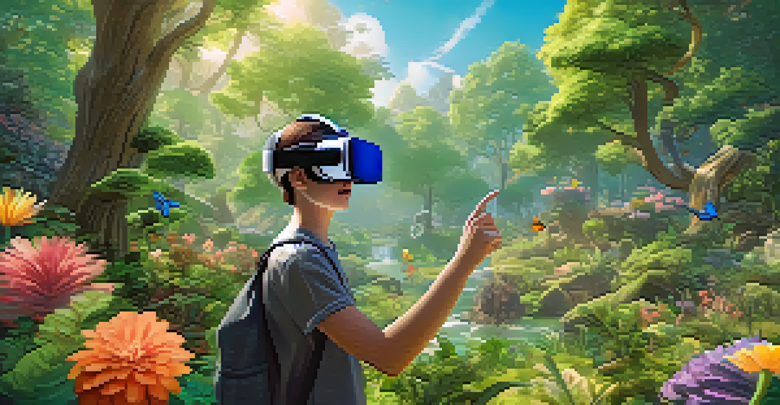A student in a virtual forest environment using a VR headset, interacting with digital wildlife and nature.