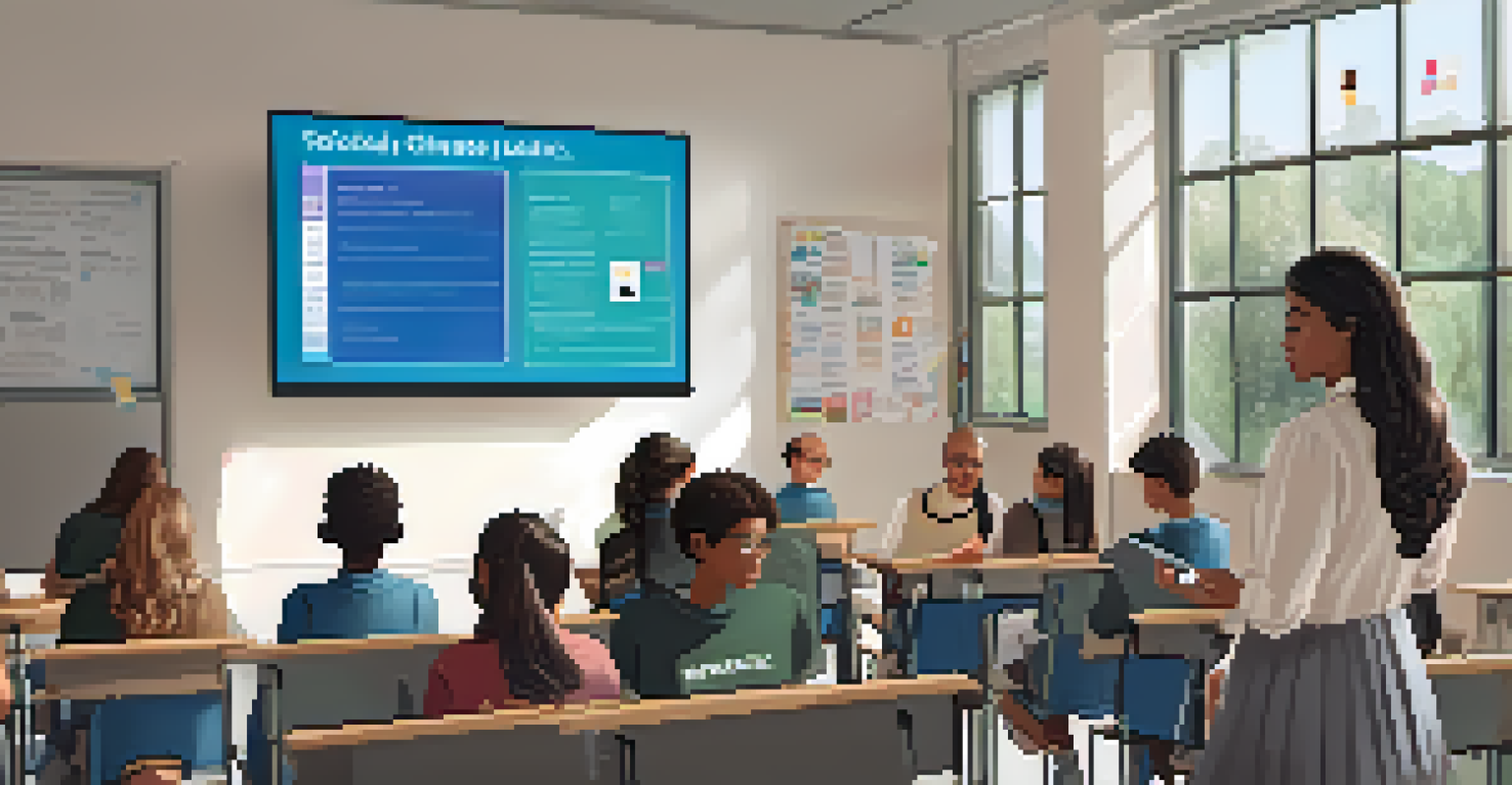 An educator explaining social media posts about climate change in a modern classroom with engaged students.