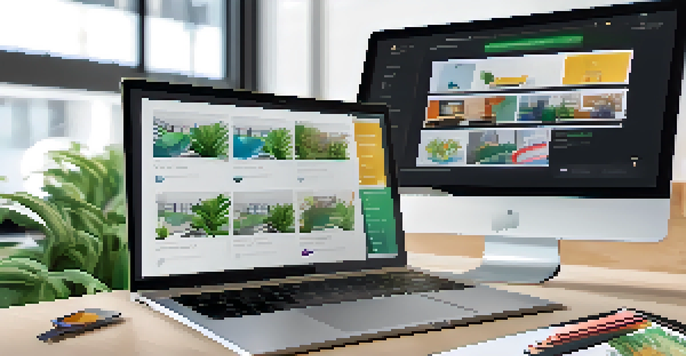 A laptop displaying a digital portfolio with colorful project images and infographics in a modern office setting.