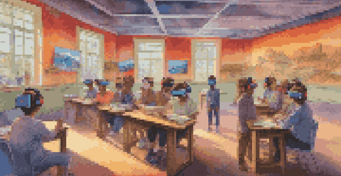 A classroom filled with students wearing VR headsets, engaging with holographic historical figures in a colorful 3D environment.