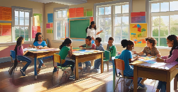 A diverse group of students collaborating in a bright and colorful classroom, working together on a math problem with visual aids.