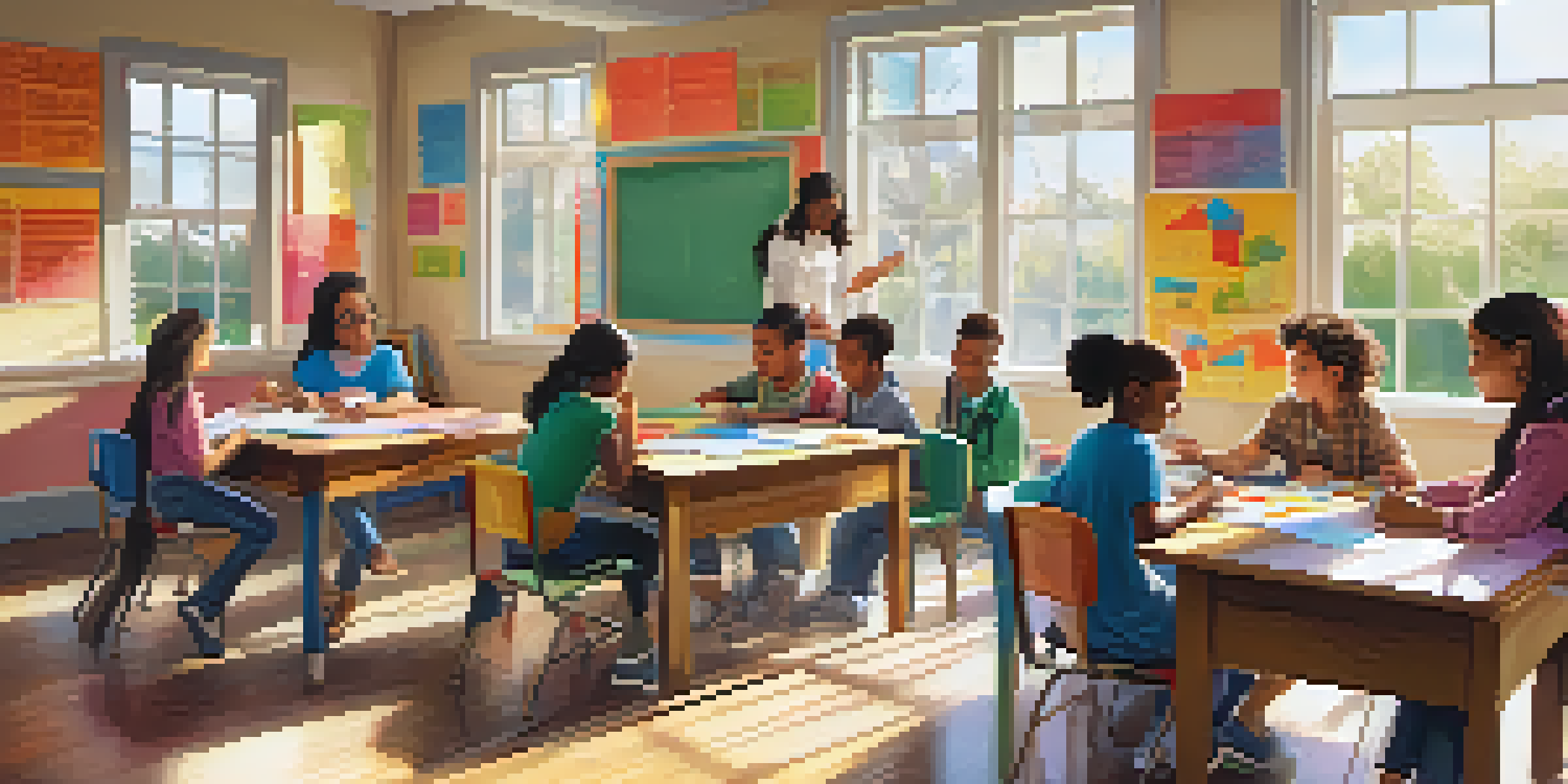 A diverse group of students collaborating in a bright and colorful classroom, working together on a math problem with visual aids.