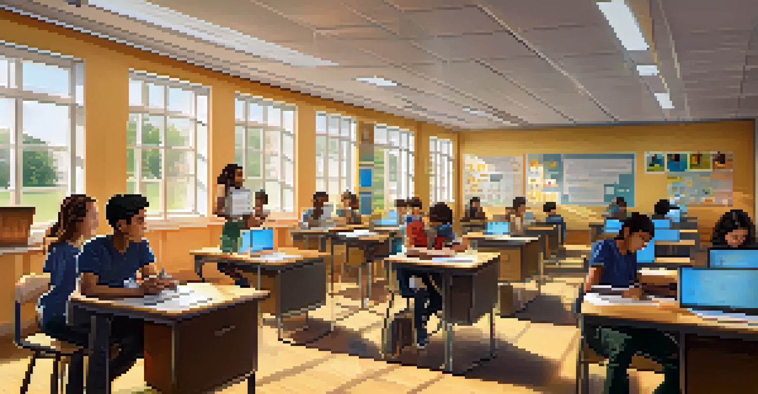 A classroom with diverse students learning on computers under the guidance of a teacher.