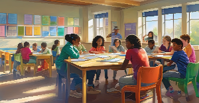 A diverse group of students in a bright classroom working together on a project, surrounded by educational materials.