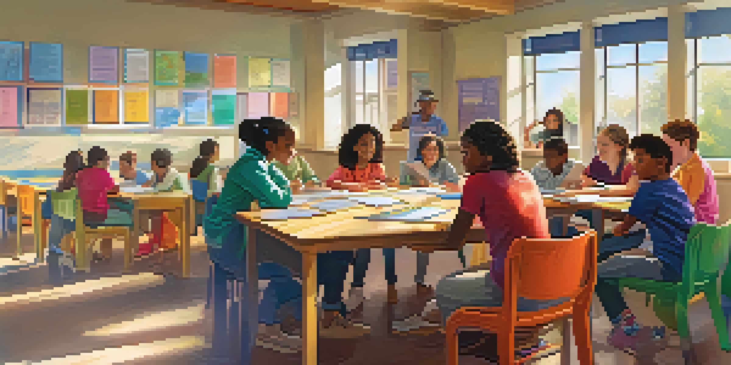 A diverse group of students in a bright classroom working together on a project, surrounded by educational materials.