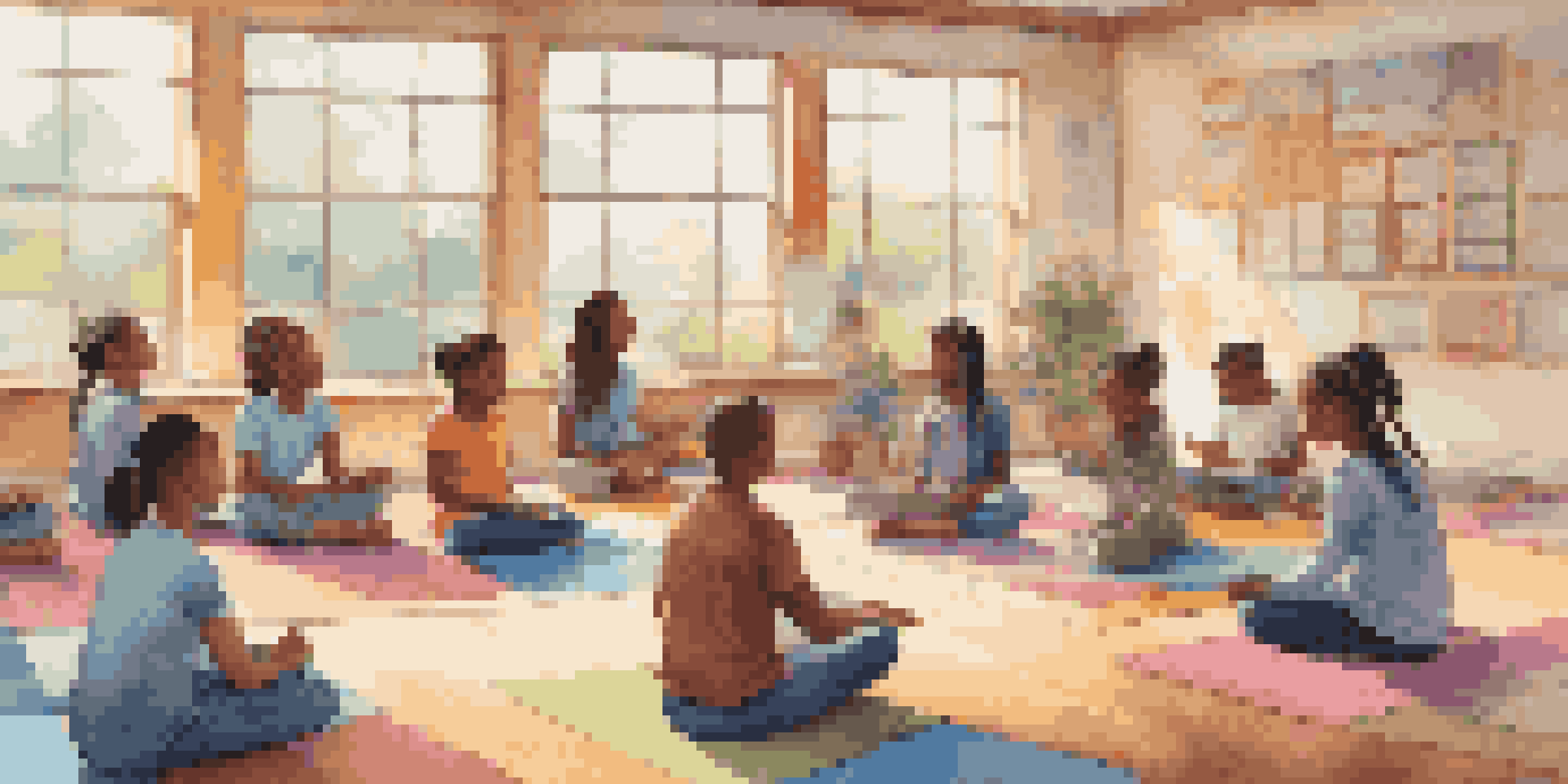 A diverse group of students engaged in a mindfulness exercise in a colorful classroom, with natural light filtering through the windows.