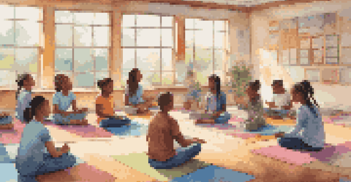 A diverse group of students engaged in a mindfulness exercise in a colorful classroom, with natural light filtering through the windows.