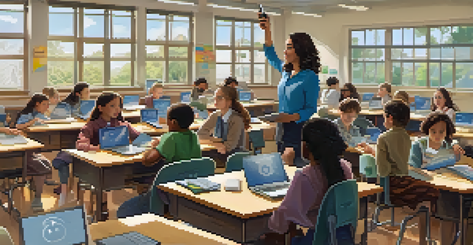 A teacher assists students in a bright classroom filled with technology, promoting engaged learning.