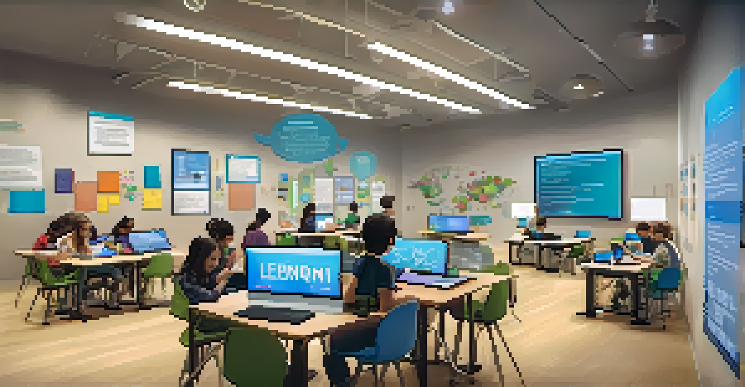 A futuristic classroom with students using tablets and laptops, personalized learning paths displayed on a large screen, and inspirational quotes on the walls.