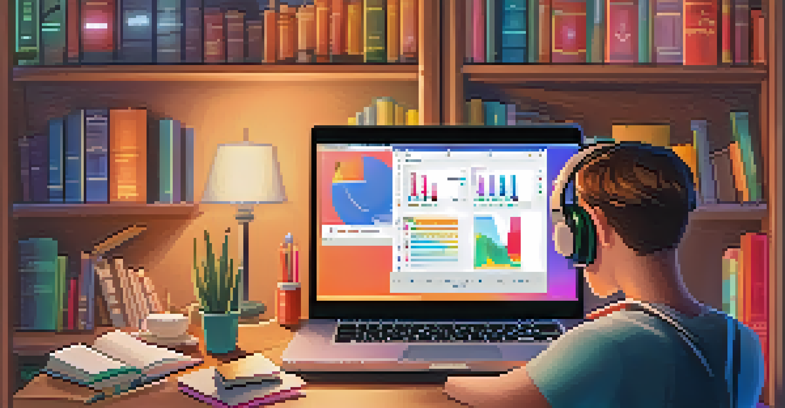 A student’s hands on a laptop keyboard during an online learning session, with a colorful educational interface visible on the screen.