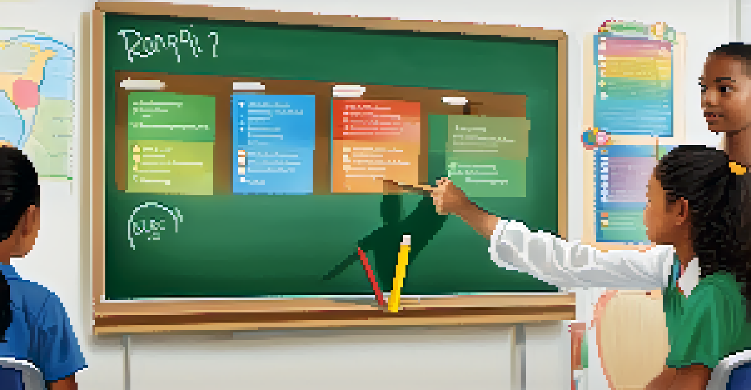 A teacher pointing to a colorful vocabulary chart on the board, with attentive students in the background.