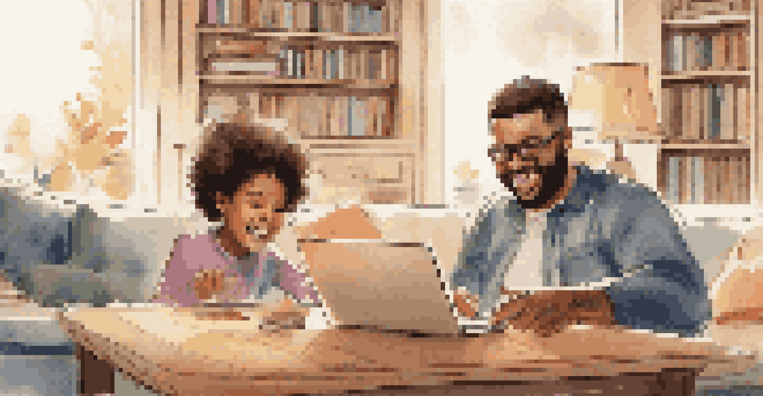 A parent and child happily interacting with a laptop in a cozy home filled with books and toys.