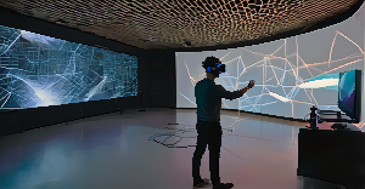 A person using a VR headset to engage with a 3D simulation for a case study, surrounded by abstract data visuals.
