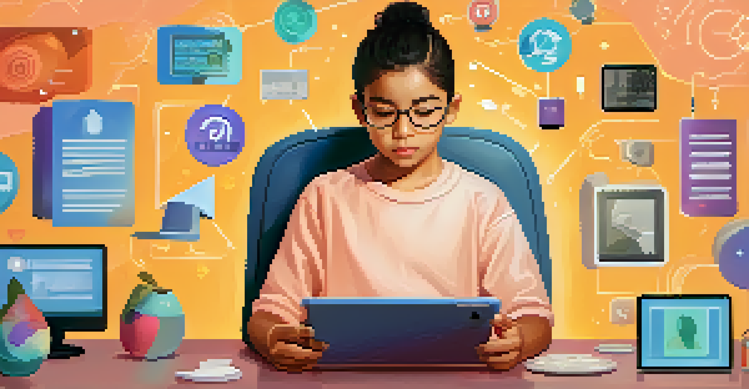A student using a tablet to learn about online safety and digital citizenship, surrounded by relevant icons.