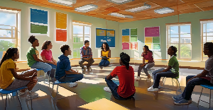 A diverse group of students sitting in a circle in a brightly lit classroom, discussing emotions with colorful educational posters in the background.