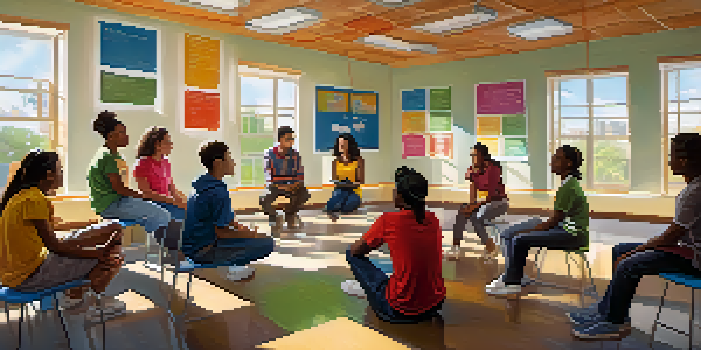 A diverse group of students sitting in a circle in a brightly lit classroom, discussing emotions with colorful educational posters in the background.