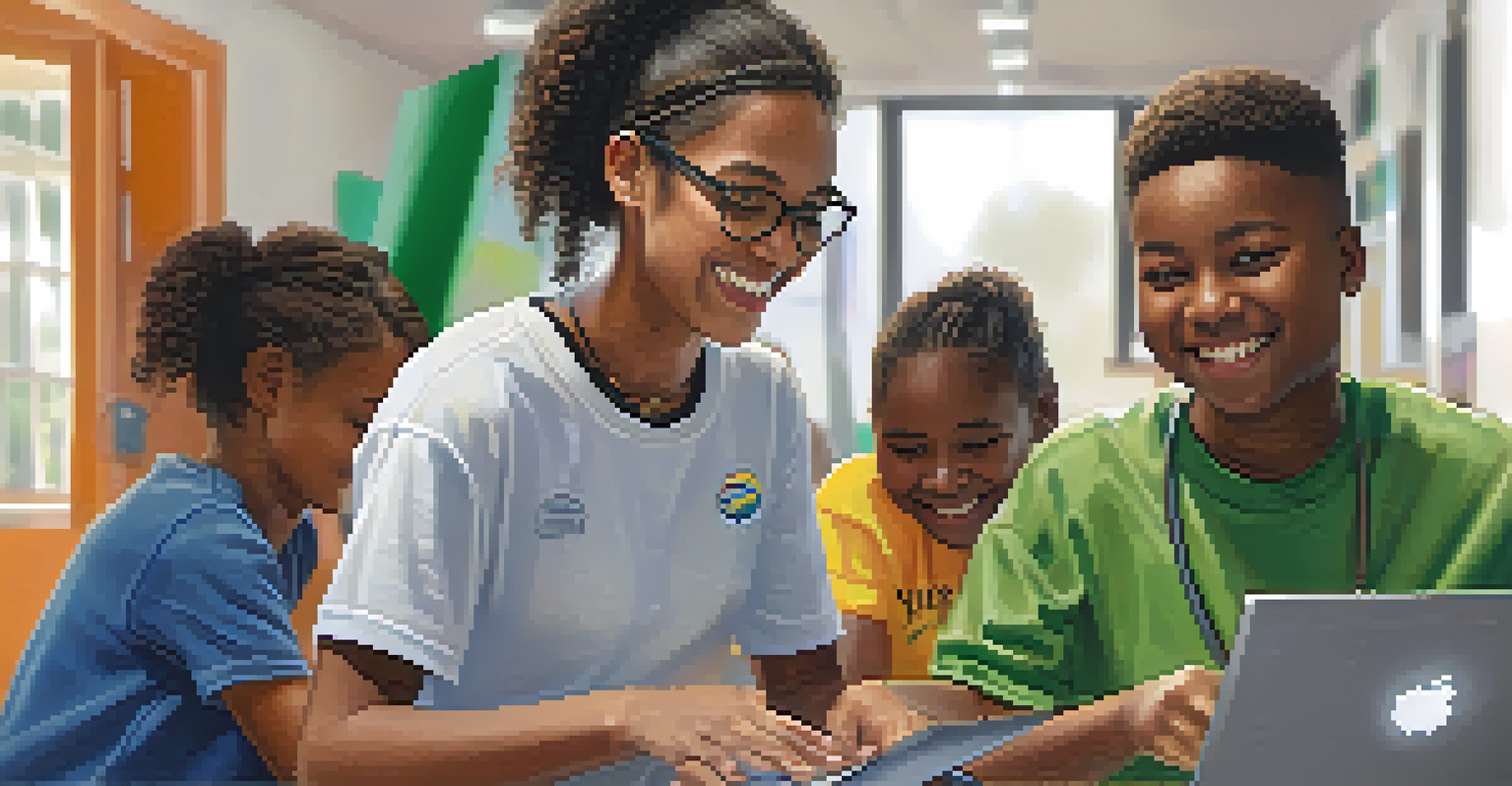 A young student receiving a refurbished laptop from a volunteer in a community center, showcasing excitement and gratitude.
