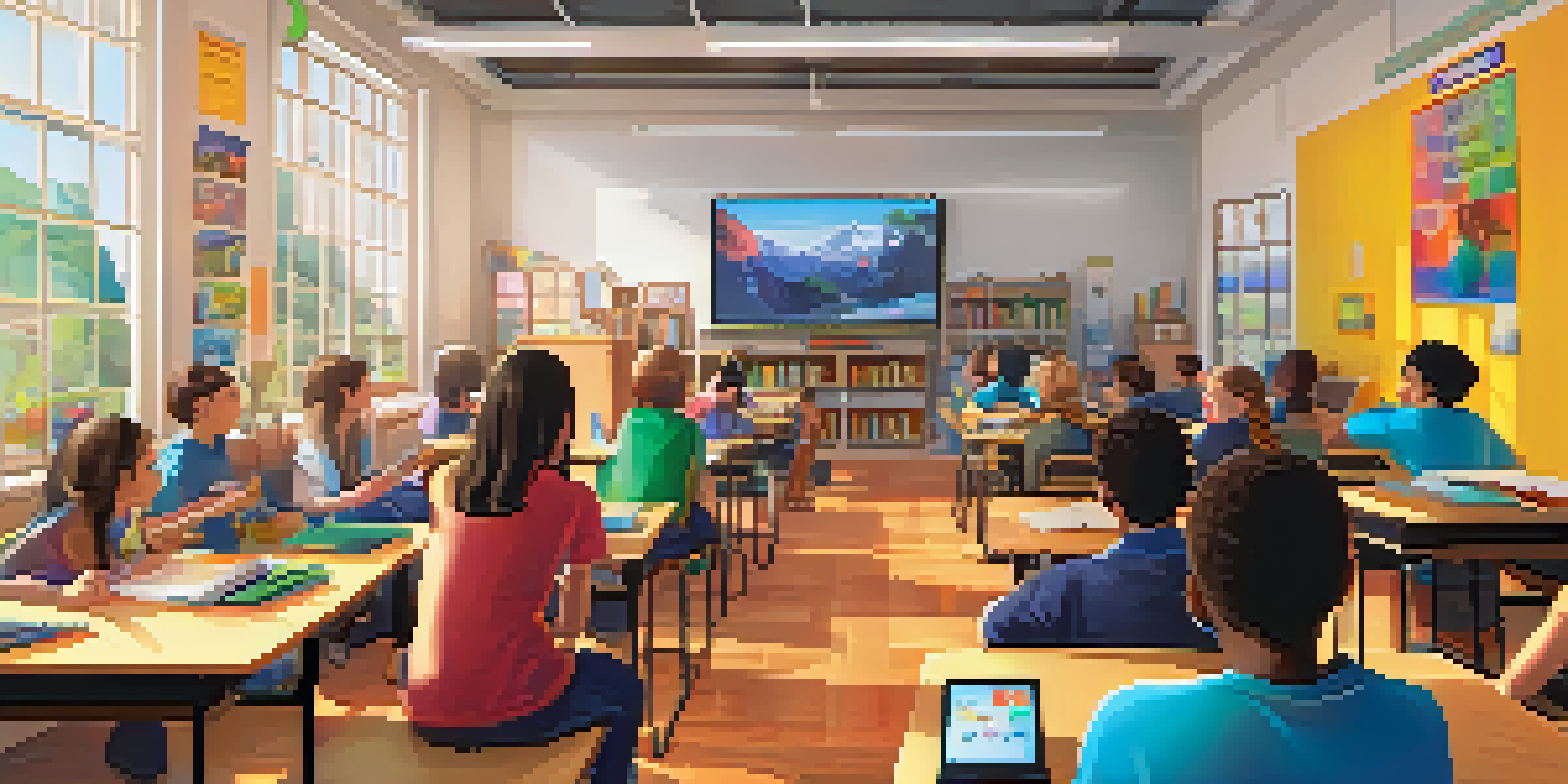 A classroom scene where students are engaged in different learning activities, such as reading, playing a video game, and watching a documentary, with sunlight streaming in.
