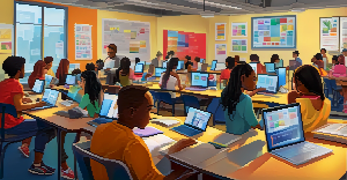 A diverse group of students focused on online learning, utilizing various devices, with colorful visual aids displayed on their screens.