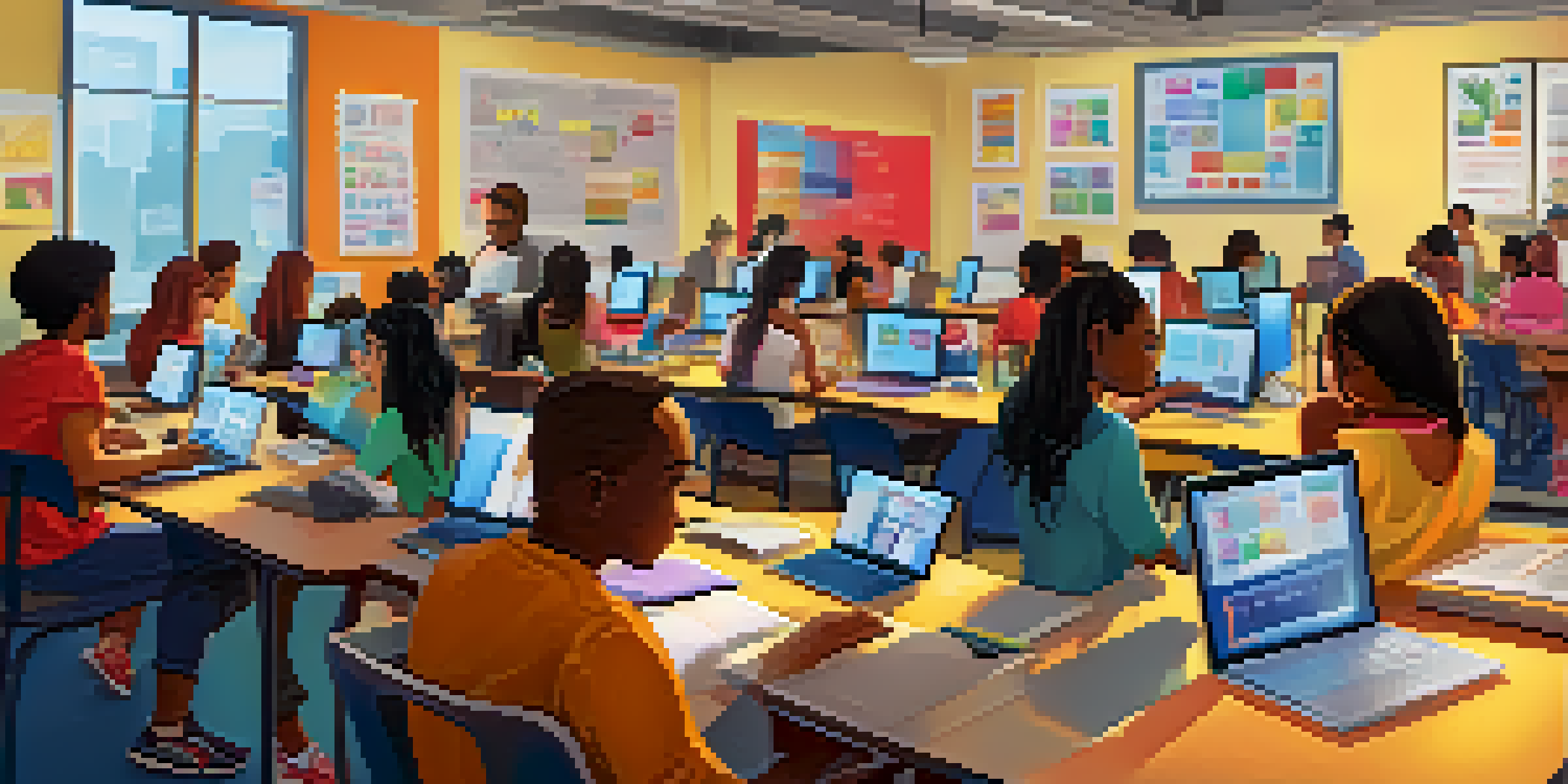 A diverse group of students focused on online learning, utilizing various devices, with colorful visual aids displayed on their screens.