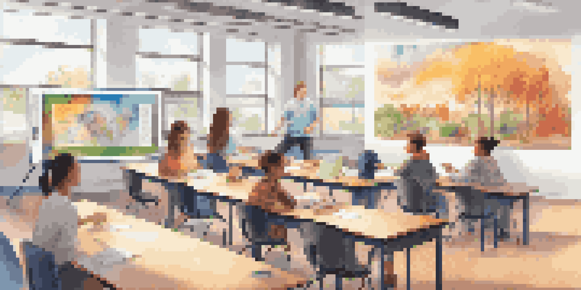 A classroom with students participating in blended learning, some using digital screens and others working in groups.
