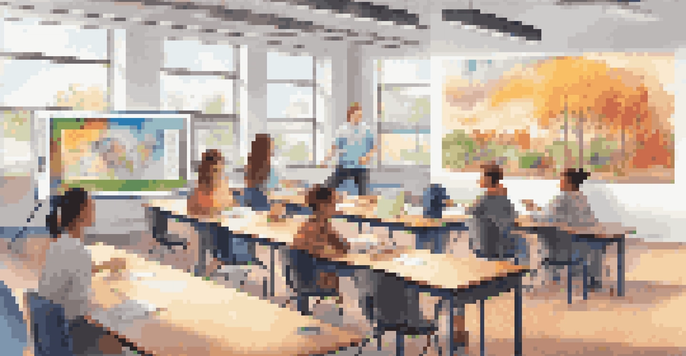 A classroom with students participating in blended learning, some using digital screens and others working in groups.