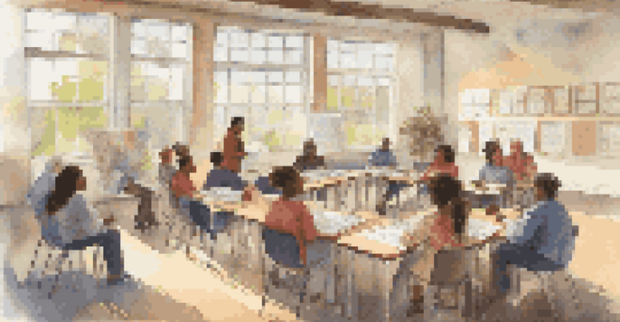 A vibrant classroom scene with diverse adult learners engaged in a discussion, surrounded by educational materials and natural lighting.