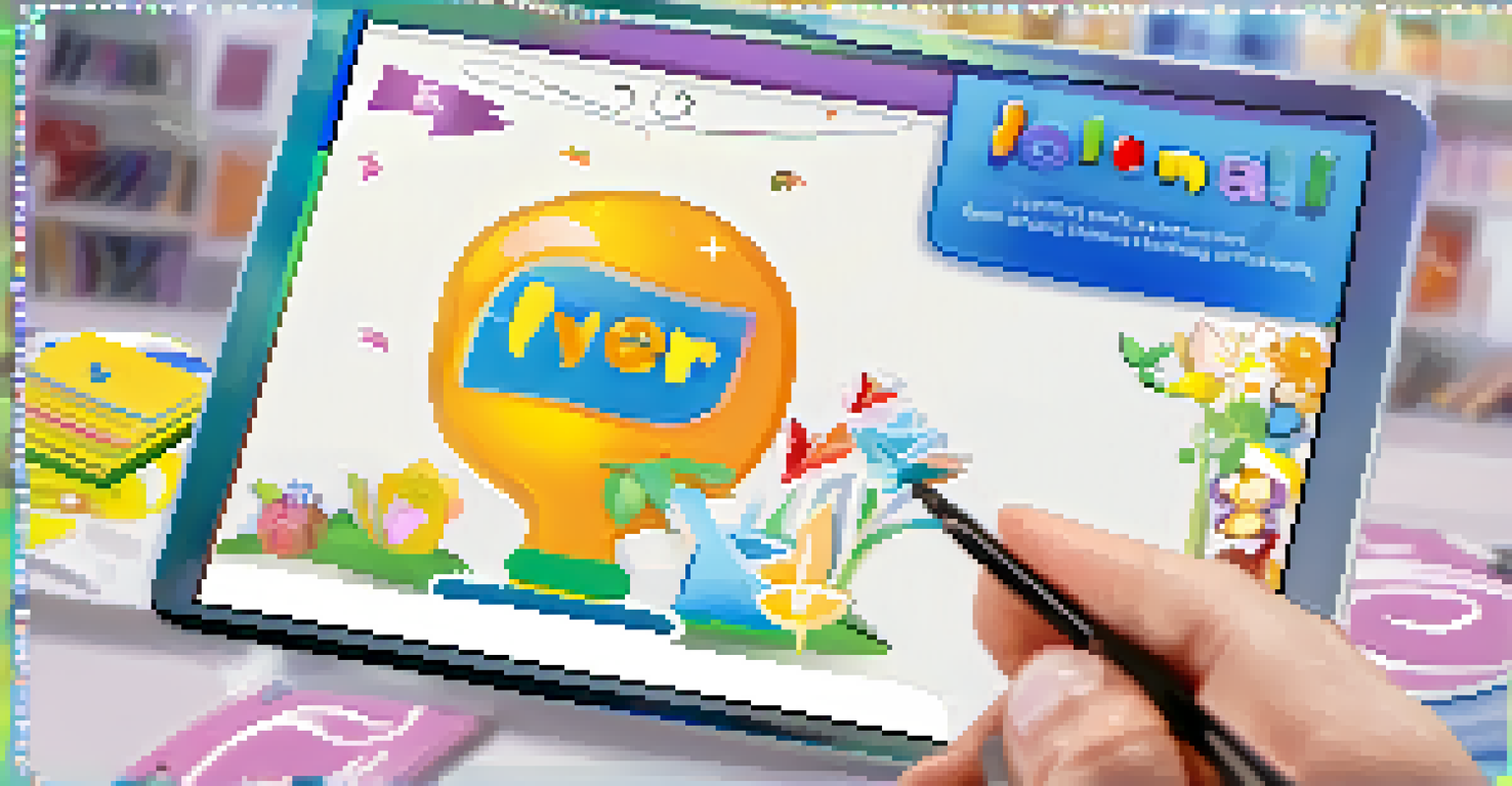 A close-up view of an augmented reality flashcard showing animated illustrations, with a blurred background.