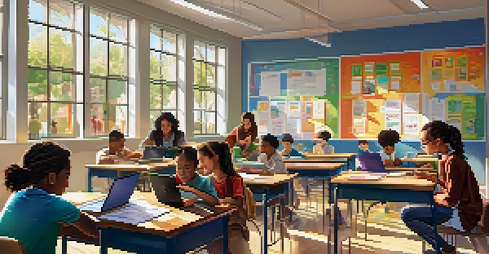 A diverse classroom with students using tablets and laptops, engaging with educational resources in a bright, sunlit room.