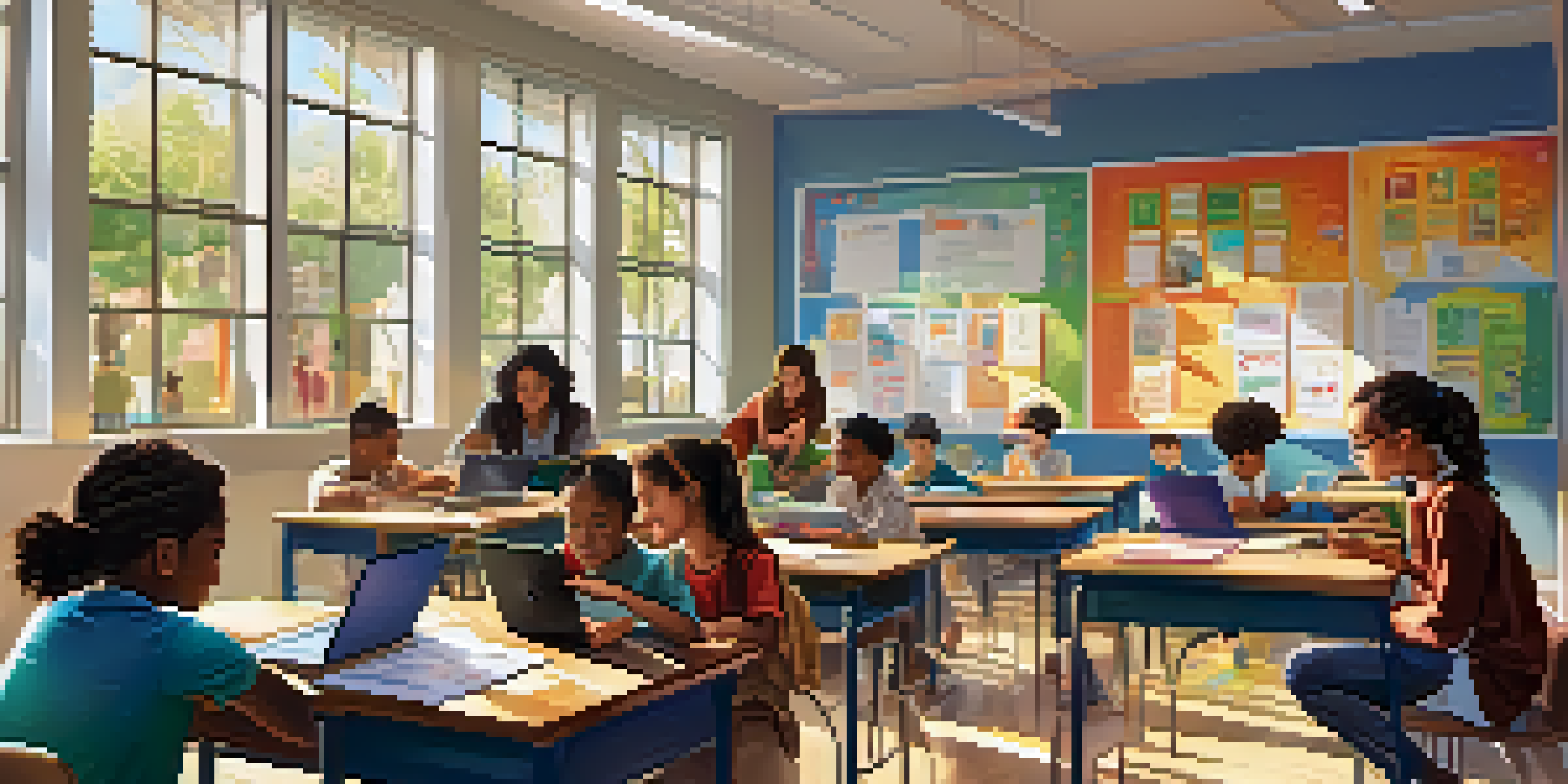 A diverse classroom with students using tablets and laptops, engaging with educational resources in a bright, sunlit room.