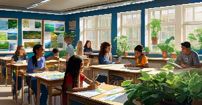 A bright classroom with diverse students working together on a renewable energy project, illuminated by sunlight through large windows.