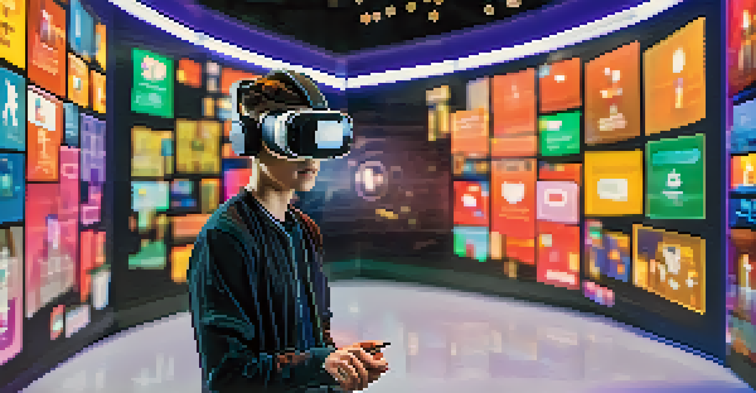 A student interacting with a virtual reality social media interface, looking focused amidst a colorful virtual environment.