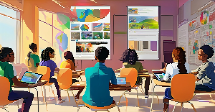 A bright online classroom with diverse students participating in a virtual learning session, surrounded by colorful educational materials.