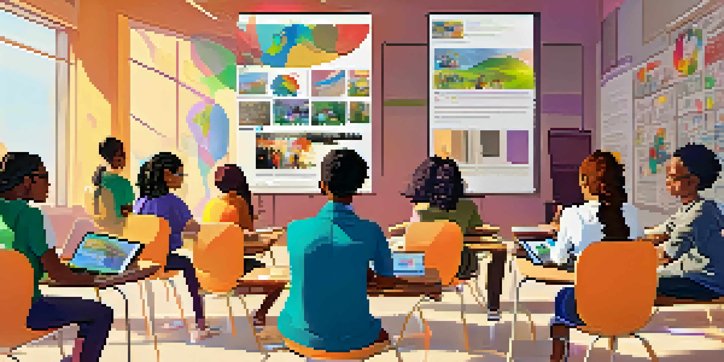 A bright online classroom with diverse students participating in a virtual learning session, surrounded by colorful educational materials.