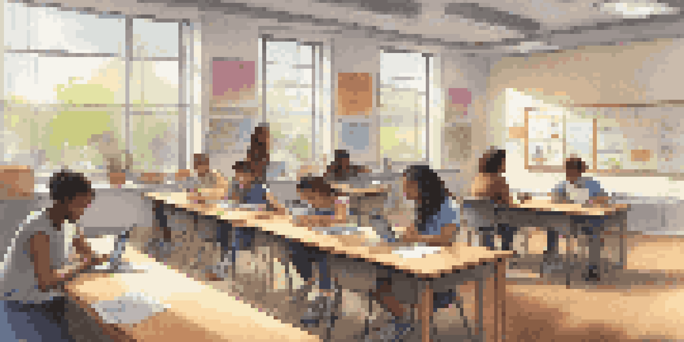 A bright and modern classroom with students using technology and engaging in discussions.