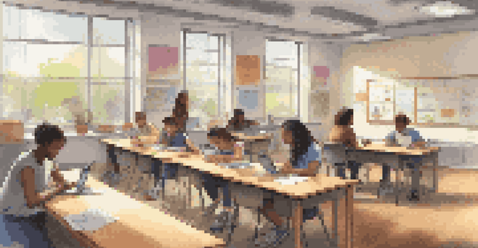 A bright and modern classroom with students using technology and engaging in discussions.