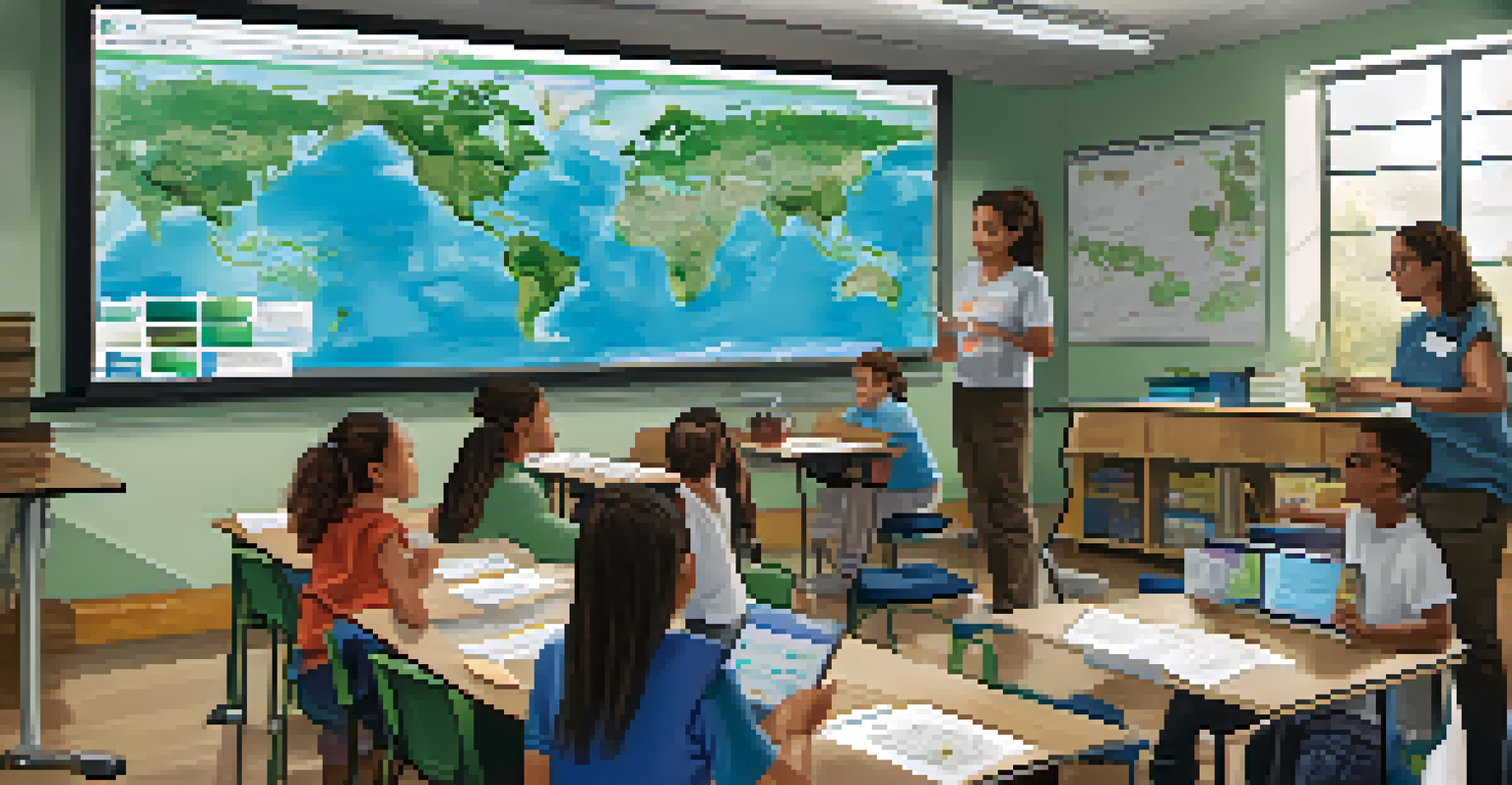 A diverse group of students discussing water quality data in a classroom, with a teacher guiding them and environmental charts on display.