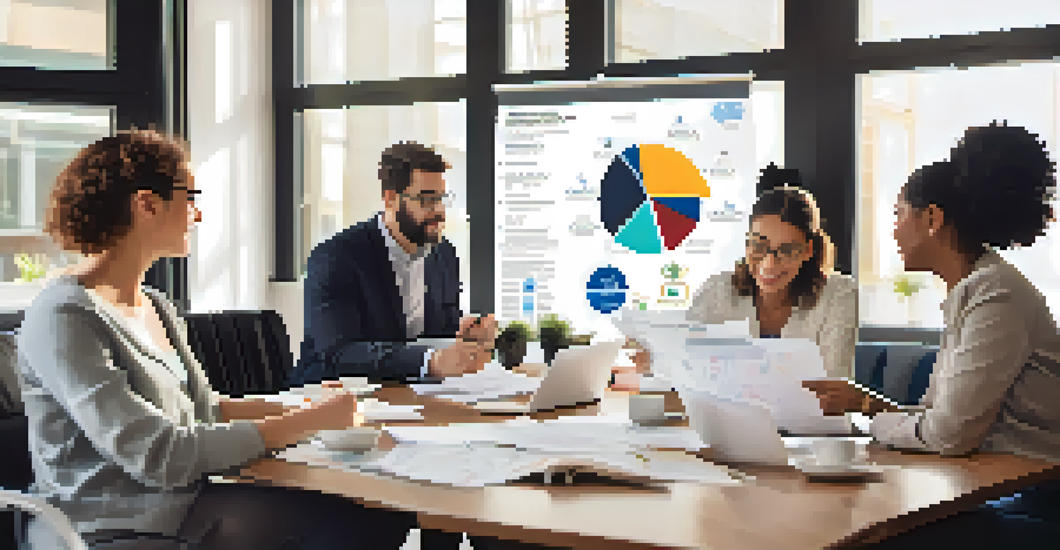 A diverse group of professionals discussing LMS options around a table, with a laptop and notes visible.