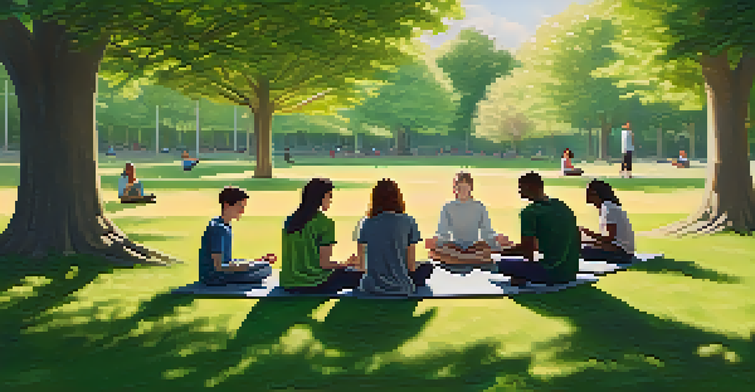A diverse group of students practicing mindfulness outdoors, sitting in a circle on the grass under dappled sunlight.