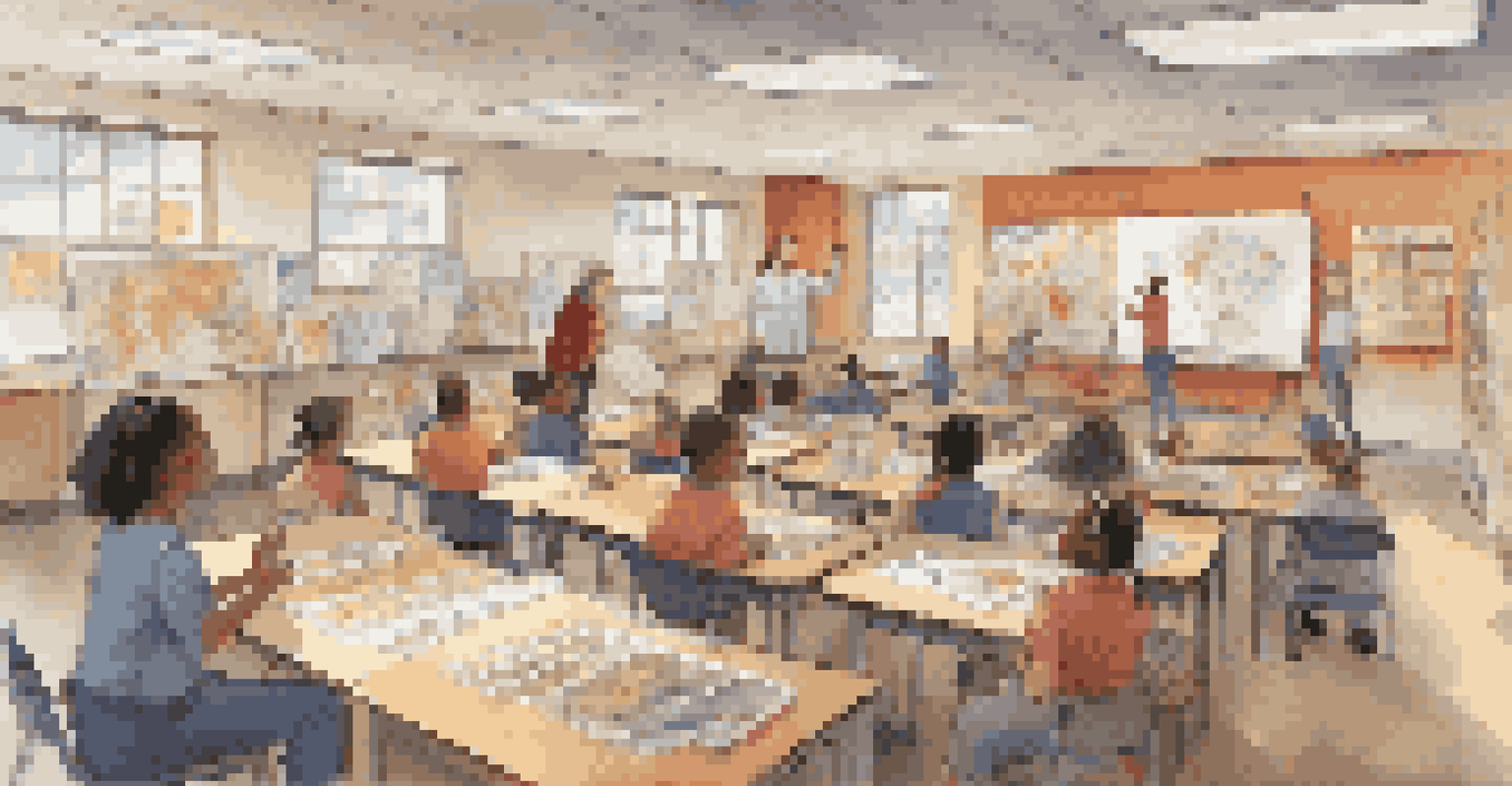 A classroom workshop on disaster preparedness with students engaged and a teacher guiding them, filled with educational materials.
