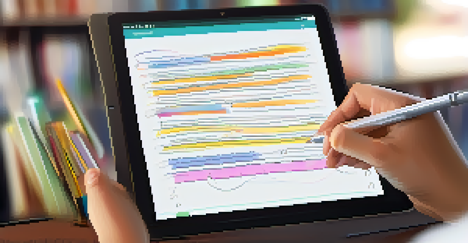 A close-up of a student writing notes while reviewing feedback on a tablet, with a focus on the tablet's screen and the student's hand.