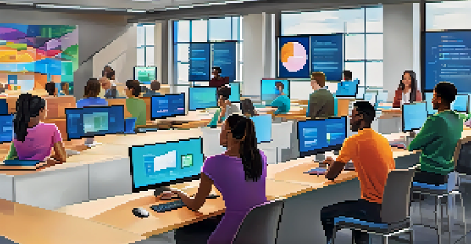 A bright and modern online learning environment with diverse individuals engaged in courses, surrounded by colorful graphics and natural light.
